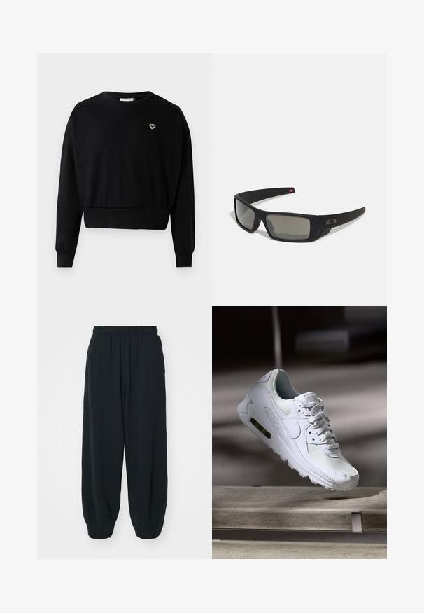 Sweatshirt preto cropped com decote redondo, mangas longas e um pequeno logotipo bordado no peito, feito de uma suave mistura de algodão.; Calças de fato de treino pretas, com cintura elástica e um corte solto, com punhos nas pernas, textura suave e sem padrões visíveis ou detalhes de metal.; Sapatilha Nike Air Max 90 branca com parte superior em malha e couro, caixa de dedos perfurada e uma unidade de ar visível no calcanhar.; Óculos de sol pretos com acabamento mate, lentes retangulares, leve curvatura nas hastes, detalhe sutil do logo e lentes de cor fumada.