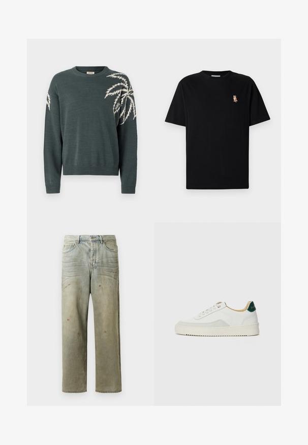 Maglione verde scuro con scollatura tonda, caratterizzato da un design di foglia di palma bianca sulla manica sinistra. Polsini e orlo a costine. Morbido al tatto.; Maglietta nera a maniche corte con colletto tondo, con un piccolo logo ricamato di una volpe arancione a sinistra sul petto.; Jeans in denim strappato di colore verde chiaro, con gamba dritta, design a cinque tasche, sbiaditure irregolari e schizzi di vernice.; Sneaker bianco con accenti in camoscio, punta rotonda, lacci piatti e suola in gomma crema. Presenta un marchio verde sul tallone.