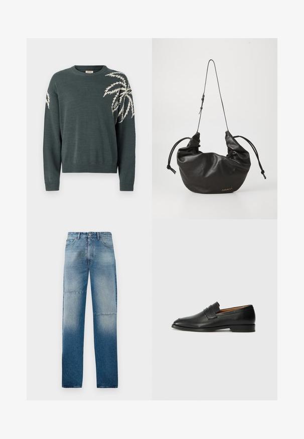 Pull vert foncé avec un col rond, présentant un motif de feuille de palmier blanc sur la manche gauche. Poignets et ourlet côtelés. Texture douce.; Jean en denim bleu clair avec une coupe droite, un lavage décoloré et deux coutures horizontales. Comprend cinq poches et une fermeture à bouton.; Mocassin en cuir noir avec un bout arrondi, des coutures subtiles et un talon bas, présentant une texture lisse et un design minimaliste.; Sac à épaule en cuir noir doux avec une fine bandoulière réglable, côtés froncés attachés par des nœuds, et petit logo doré en bas à droite.