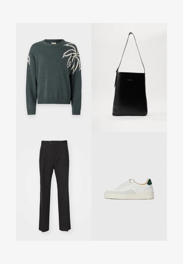 Tamsiai žalias megztinis su apvalia iškirpte, ant kairiojo rankovės puikuojasi balta palmės lapo grafika. Lankstūs rankogaliai ir apačia. Minkšta tekstūra.; Juodi pritaikyti kelnių, turinčių tiesų kojų dizainą, dvi priekinės kišenės ir dvigubą mygtuko užsegimą liemenyje. Lygus audinio paviršius.; Baltos sportbačiai su zomšos akcentais, apvaliu nosiu, plokščiais raišteliais ir kreminės spalvos guminiu padu. Ant kulno yra žalia ženklinimo detalė.; Juodas odinis petinis krepšys su lygiu paviršiumi, stačiakampio formos ir ilga petine juosta; viduryje yra mažas baltas logotipas.