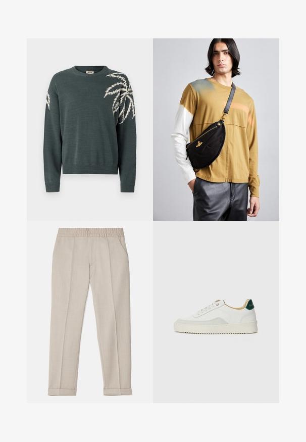 Pull vert foncé avec un col rond, présentant un motif de feuille de palmier blanc sur la manche gauche. Poignets et ourlet côtelés. Texture douce.; Filippa K TERRY CROPPED TROUSERS - Pantalon classique - sage melange; Baskets blanches avec des accents en daim, bout arrondi, lacets plats et semelle en caoutchouc crème. Présente une marque verte sur le talon.; Vivienne Westwood CITY BUMBAG UNISEX - Sac banane - black