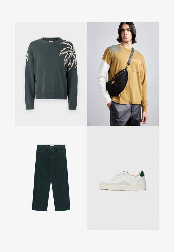 Pull vert foncé avec un col rond, présentant un motif de feuille de palmier blanc sur la manche gauche. Poignets et ourlet côtelés. Texture douce.; Jeans en denim vert foncé à jambes larges avec fermeture à bouton et à zip, poches avant et passants de ceinture, posés à plat sur un fond blanc.; Baskets blanches avec des accents en daim, bout arrondi, lacets plats et semelle en caoutchouc crème. Présente une marque verte sur le talon.; Vivienne Westwood CITY BUMBAG UNISEX - Sac banane - black