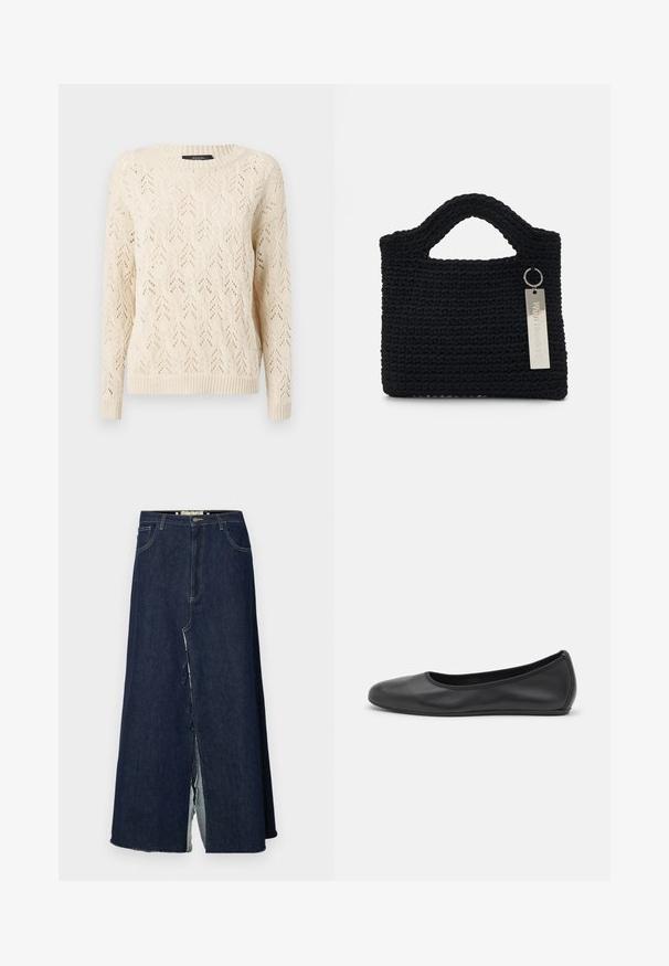 WEEKEND MaxMara TERAMO biały; Czarna bluzka z okrągłym kołnierzykiem, z przezroczystymi panelami z koronki, akcentami falbanek i teksturowanymi wzorami. Długie rękawy z elastycznymi mankietami.; Długa spódnica z ciemnoniebieskiego dżinsu z rozcięciem z przodu. Posiada tradycyjny pięciokieszeniowy krój oraz widoczne akcenty w postaci przeszyć. Doły są postrzępione.; Czarne skórzane baletki z zaokrąglonym noskiem, gładką fakturą, minimalnymi przeszyciami i elastycznym designem podeszwy.; Won Hundred MARSIELLE UNISEX czarny