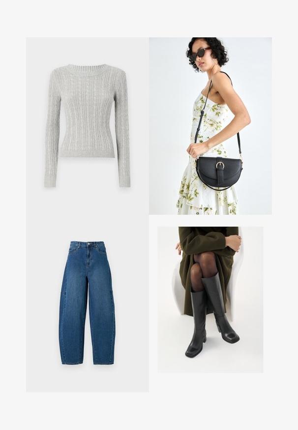 Hollister Co. EMEA ICON - Pulóver - grey; Közepes kék mosású farmernadrág, magas derékkal, széles lábszárral és hagyományos öt zsebes kialakítással, látható varrási részletekkel.; Térdfelett érő fekete bőr csizmák négyzet alakú orral és tömbtalppal, olajzöld kabátban ülő modellel bemutatva. Simaság, minimalista részletezés.; Fekete bőrtáska ívelt formával, levehető pánttal és arany színű fémrészekkel. A táskán egy csattal díszített fedél található.