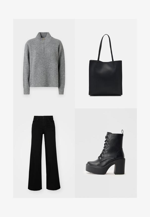 Grå striktrøje med høj krave, halvdelen lynlås, ribbet tekstur og lange ærmer. Har en rund guldaccent ved lynlåsen.; Sorte bukser med bred benvidde lavet af denim, med en struktureret talje, bæltesløjfer og forlommer. Glat tekstur med et klassisk design.; Sort læder ankelstøvle med en kraftig blokhæl, snørebånd foran og struktureret overflade. Har en flap på bagsiden for nem påtagning.; Sort læder tote taske med glat tekstur, rektangulær form og to lange hanke. Ingen synlig hardware eller udsmykninger.