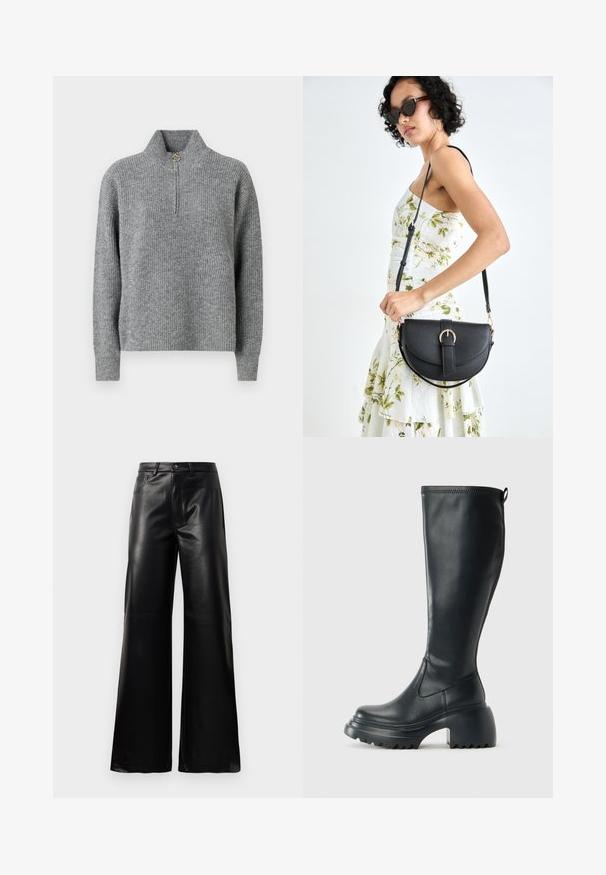 Grey knit sweater with a high collar, half zipper, ribbed texture, and long sleeves. Features a circular gold accent at the zipper.; Black high-waist wide-leg faux leather pants with front button, zip closure, belt loops, and side pockets on white background.; Tall black leather boot with chunky platform sole and block heel, featuring pull tab and textured tread on outsole.; Black leather handbag with a curved shape, detachable strap, and gold hardware. The bag features a flap with a buckle detail.