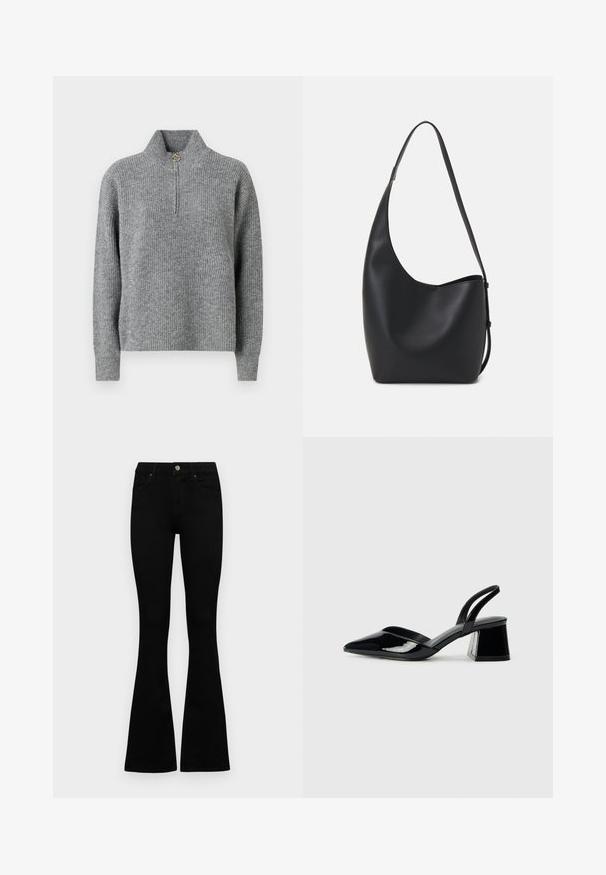 Szürke kötött pulóver magas gallérral, félig cipzárral, bordázott textúrával és hosszú ujjakkal. A cipzáron egy kör alakú arany dísz található.; Fekete, magas derekú farmernadrág gomb- és cipzárzárral, elülső zsebekkel és harangszárral, laposan egy fehér háttérre terítve.; Fekete lakk bőr szandálkés magas sarkú cipő, hegyes orral és geometrikus tömbsarkakkal. Karcsú, minimalista dizájn és sima textúra jellemzi.; Fekete bőr hobo táska sima textúrával, ívelt formával és egyetlen állítható pánttal; széles nyílás található a tetején.