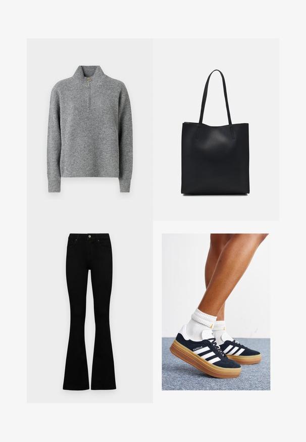Šedý pletený sveter s vysokým golierom, polovičným zipsom, rebrovanou textúrou a dlhými rukávmi. Obsahuje okrúhly zlatý akcent na zips.; Čierne vysoké nohavice s gombíkom a zipsom, predné vrecká a rozšírené nohavice položené na bielom pozadí.; Čierne semišové tenisky s bielymi pruhmi a detailmi, so zaoblenou špičkou, podrážkou z gumovej gumy, doplnené bielymi rebrovanými ponožkami.; Čierna kožená taška na rameno s hladkým povrchom, obdĺžnikovým tvarom a dvoma dlhými uchami. Bez viditeľného kovania alebo ozdôb.