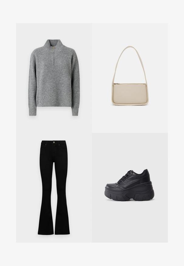 Pelēks adīts džemperis ar augstu apkakli, pusviltu, ribotu tekstūru un garām piedurknēm. Iekļauts apaļš zelta akcenti pie viltu.; Melni augsta jostas šorti ar pogu un rāvējslēdzēju, priekšējām kabatām un izplestām kājām, nolikti uz balta fona.; Melni šņorējami sporta apavi ar biezu zoli, ar gludu ādas augšdaļu, noapaļotu purngalu un izteiktu slāņveida platformas dizainu.; Even&Odd Rokassoma - off white