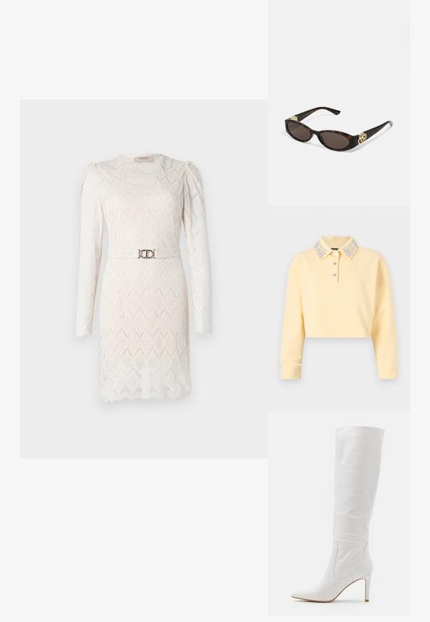 Avkortet gul hettegenser med lange ermer, pyntet med knappet krage med sølvperler, tre knapper foran og brodert logo.; Lacekjole i off-white med lange ermer, V-hals og et mønstret tekstur. Har et belte i sølvtone i midjen for accent.; RAID TRIBUTE - Boots med høye hæler - white; Skilpadde-solbriller med avlange ovale linser, brun tint, gull-logo aksenter på stengene og elegante svarte armer.; Gullfargede vridde ringer stablet sammen, med et teksturert design og glatte, buede kanter, som skaper et organisk, flytende utseende.