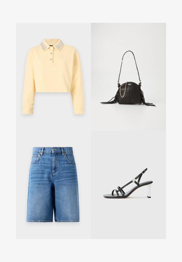 Gekürzter gelber Pullover mit langen Ärmeln, verzierten Knopfkragen mit silbernen Perlen, drei Knöpfen an der Vorderseite und gesticktem Logo.; Jeansshorts in Hellblau, mit hoher Taille, weitem Bein Design, fünf Taschen und gesteppten Details entlang der Kanten.; Schwarze High-Heelsandalen mit mehreren schmalen Riemen, im Slingback-Design und einem silbernen Akzent an der Ferse. Glattes Obermaterial und blockförmige Ferse.; Schwarze Lederhandtasche in runder Form, mit Fransenakzenten, einem langen Schultergurt und einem goldenen Kettendetail.
