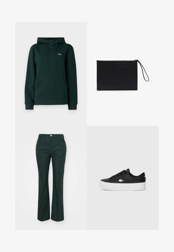 Lacoste Sweatshirt com capuz - sinople; Calças verdes, largas, feitas de um tecido liso e estruturado. Apresenta um fecho frontal com botão, passantes para cinto e dois bolsos laterais.; Sapatilha preta de cano baixo feita de material sintético, com sola de borracha branca, atacadores pretos e um pequeno logótipo branco na lateral.; Bolsa de mão preta feita de tecido texturizado com um formato retangular, apresentando um fecho de zip e uma alça para pulso. Inclui um bolso frontal.