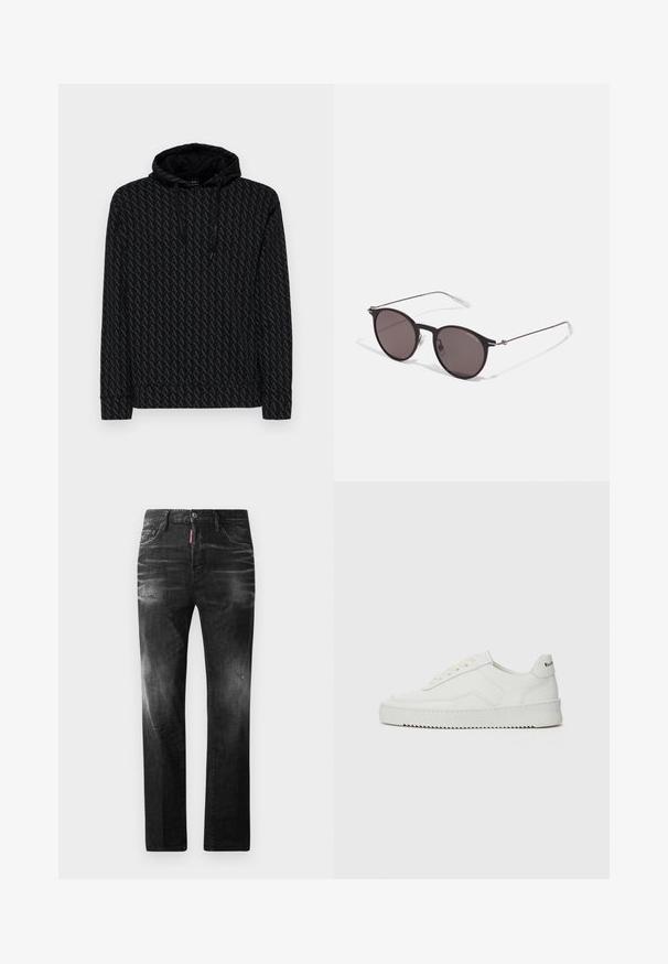 Hanorac negru cu un model geometric repetitiv. Fabricat dintr-un material moale, cu glugă cu șnur și manșete ribbate pentru o ajustare confortabilă.; Jeans din denim negru cu o croială dreaptă. Au zone decolorate, ușoare uzuri, design clasic cu cinci buzunare și închidere cu buton.; Sneakers din piele albă cu un finisaj neted, vârf rotund, șireturi plate și o talpă texturată. Prezintă un logo subtil pe călcâi.; Ochelari de soare negri rotunzi cu lentile întunecate și brațe metalice subțiri. Include vârfuri transparente pentru brate și accente argintii la balama. Design minimalist.