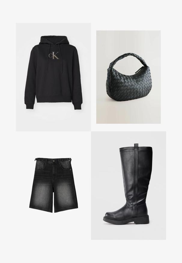 Hanorac negru dintr-un amestec de bumbac, cu un buzunar mare în față, glugă cu șnur și un logo auriu "CK" pe piept.; Shorts din denim negru cu un finisaj decolorat, cinci buzunare, închidere cu nasture și detalii pentru curea. Materialul are o textură netedă.; Cizme negre până la genunchi, din piele netedă, cu talpă plată, având o cusătură laterală și o mică buclă de prindere în vârf pentru o îmbrăcare ușoară.; Geantă de mână împletită, neagră, cu o formă rotundă, suprafață texturată și un mânere gros împletit. Dispune de un sistem de închidere cu fermoar pentru stocare în siguranță.