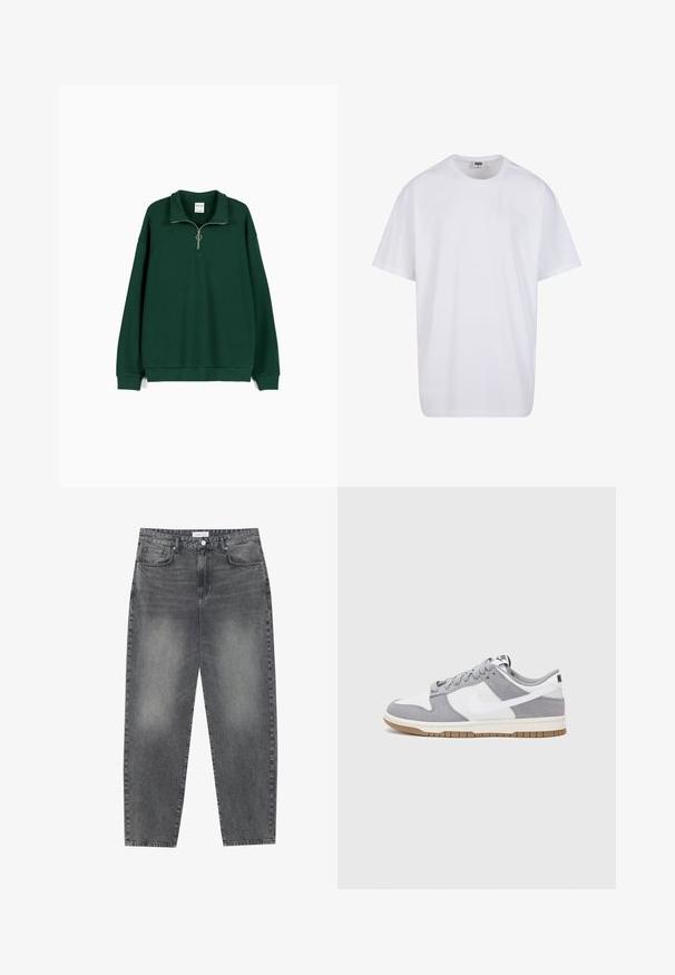 Grön sweatshirt i mjukt, strukturerat tyg. Har en dragkedja vid halsringningen, långa ärmar och en avslappnad passform med ribbat fåll.; Vit bomull t-shirt med korta ärmar, rundad halsringning, avslappnad passform och utan synliga logotyper eller mönster. Slät textur och minimal design.; Högmidjade, löst sittande jeans i blekt svart denim. Inkluderar fem fickor, bälteshällor och en ren, rak ben-design.; Grå och vit sneakers med överdel i mocka och läder, rund tå, platta snören och en gummisula med ett accent i gummi.