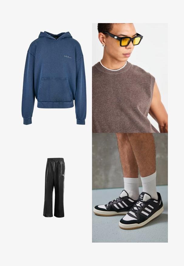 Sudadera de mezclilla azul con un bolsillo frontal, capucha ajustable y puños acanalados. Presenta un bordado sencillo en el pecho. Diseño clásico de tipo pullover.; Pantalones de chándal sintéticos negros con cinturilla elástica, que presentan rayas laterales blancas y un pequeño logo blanco en la cadera izquierda.; Zapatillas en blanco y negro con parte superior de ante y cuero, que presentan tres franjas blancas, una puntera perforada y una suela de goma.; Gafas de sol rectangulares negras con lentes amarillos, llevadas con un suéter sin mangas marrón. Con un logo de oso blanco en el marco.