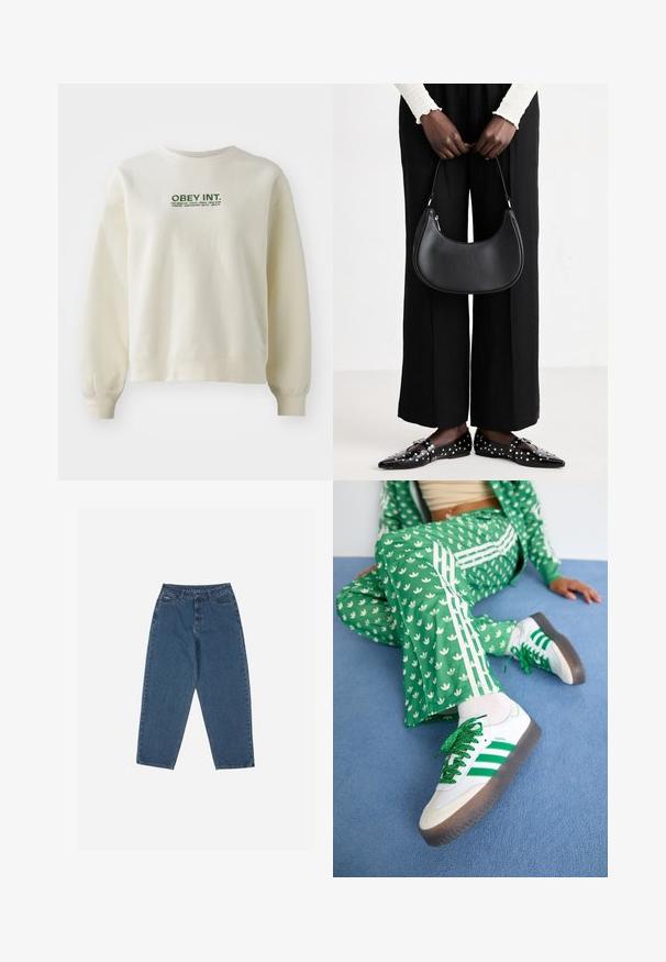 Sweatshirt de crem deschis, fabricat dintr-un material moale. Prezintă un logo verde "OBEY INT." deasupra numelui orașelor. Croire confortabilă cu manșete ribbate.; Jeans din denim albastru cu o croială relaxată, talie înaltă, design cu cinci buzunare și accente cusute. Dispune de un sistem de închidere cu buton și fermoar.; Trening din material verde cu un model floral alb și dungi albe, asortat cu sneakers albi cu dungi verzi și șireturi strălucitoare.; Geantă de umăr din piele neagră, cu o formă rotunjită, finisaj lucios și accesorii din argint. Persoană îmbrăcată în pantaloni largi negri și loafers cu studuri.