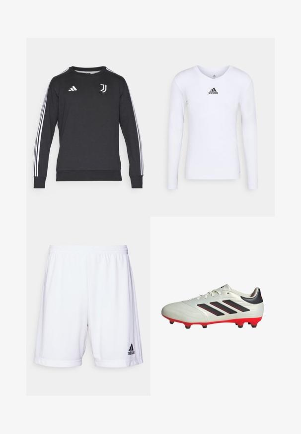 Felpa nera a maniche lunghe con logo Adidas bianco e tre strisce bianche lungo ciascun manica. Collo rotondo e polsini a coste.; Maglietta atletica bianca a maniche lunghe realizzata in materiale morbido con logo Adidas nero sul petto; design a V e forma aderente.; Pantaloni sportivi bianchi con vita elastica, realizzati in un tessuto liscio. Presentano un logo Adidas nero sul lato sinistro in basso.; Scarpa da calcio bianca con accenti neri e suola rossa. Presenta tre strisce nere sul lato e una tomaia liscia e testurizzata.