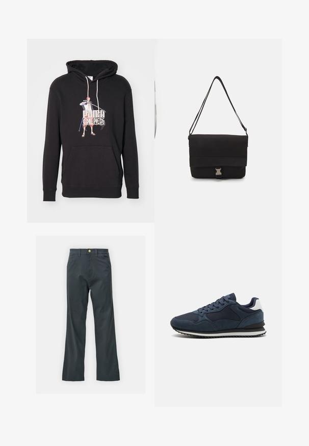 Moletom preto com uma impressão frontal de um personagem segurando uma espada, com um grande logotipo em baixo. Inclui cordões e um bolso canguru.; Calças pretas com corte reto, feitas de um tecido em mistura de algodão. Apresenta um fecho com botão metálico e bolsos laterais. Sem padrões visíveis.; Sapatilhas azul-marinho com uma mistura de camurça e materiais em rede, apresentando atacadores planos, um detalhe branco no calcanhar e uma sola de borracha preta texturizada.; Saco de mensageiro preto feito de material liso, apresentando uma aba dobrável, fechos de hardware prateados e uma alça de ombro ajustável.