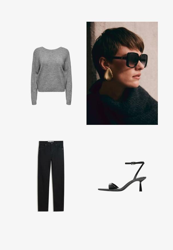 Szürke, rövidített pulóver széles nyakkivágással, hosszú ujjakkal és puha, textúrált kötött anyagból. Egyszerű dizájn, nincs mintázat vagy díszítés.; Fekete farmernadrág egyenes szárú fazonnal, öt zsebbel, fémből készült gombzárral és diszkrét varrási részletekkel. Sima textura.; Bershka Magas sarkú szandálok - black; Fekete, oversize napszemüveg sötét lencsékkel és arany részletekkel, nagy, fényes arany cseppfülbevalóval párosítva. Sötét, texturált sál.; Fekete válltáska sima anyagból, ívelt formával, arany cipzárral és arany fóliázott logóval az elején.
