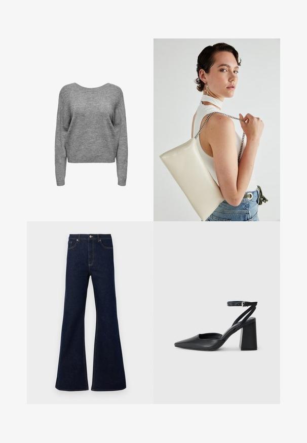 Szürke, rövidített pulóver széles nyakkivágással, hosszú ujjakkal és puha, textúrált kötött anyagból. Egyszerű dizájn, nincs mintázat vagy díszítés.; Sötétkék, bővülő farmernadrág magas derékkal, elülső zsebekkel és arany szálú varrással. Simább textúra, klasszikus szabás.; Fekete bőr, hegyes orrú magassarkú cipő boka pánttal és vastag sarokkal. Sima textúra, elegáns dizájn és minimális esztétika.; Fehér, téglalap alakú, fényes anyagból készült clutch táska, ezüst láncos pánttal. A modell pózol, bemutatva a táskát egy egyszínű háttér előtt.