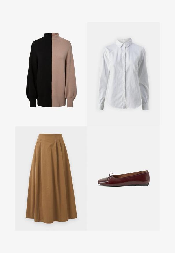 Fekete és világos bézs színű, hasított dizájnnal rendelkező kötött garbó pulóver, laza szabással, bordás mandzsettákkal és puha textúrával.; Fehér, sima pamutből készült gombos ing, klasszikus gallérral, hosszú ujjakkal és ívelt hemvéggel. A gombok kicsik és fehérek.; Barna pamut A-vonalú szoknya magas derékkal, elöl pliszézett és sima textúrával. Az alsó szegélyek letisztultak és egyszerűek.; Burgundi lakkbőr balettcipő kerek orral, elöl kis masni díszítéssel és alacsony, fekete gumi talppal. Simára csiszolt felület.