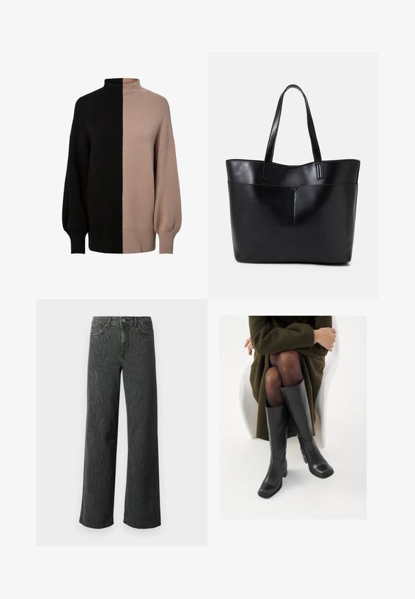 Pulôver de gola alta em malha com um design dividido em preto e bege claro, com um corte descontraído, punhos canelados e textura suave.; Calças de perna larga em denim cinza escuro, apresentando uma textura sutil de padrão zebra, costura em contraste e um design de cinco bolsos com fecho de botão.; Botas de couro pretas até ao joelho com biqueira quadrada e salto em bloco, apresentadas com um modelo sentado num casaco verde-azeitona. Textura lisa, com detalhes mínimos.; Bolsa tote preta em couro com duas alças longas, textura suave e forma estruturada. Apresenta um bolso frontal para armazenamento adicional.