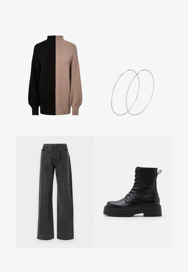 Adīta augstākā apkakle džemperis ar šķirtu dizainu melnā un gaiši bēšā krāsā, ar brīvu piegriezumu, ribotām piedurknēm un mīkstu tekstūru.; Noisy May NMJANNEL LOOSE - Brīva piegriezuma džinsi - black denim; Melni ādas potītēm zābaki ar apļveida purngalu, auklām priekšpusē un biezu gumijas zoli ar teksturētu protektoru. Velkšanas cilpa aizmugurē.; Sudraba gredzenveida auskari ar minimālistisku dizainu. Cirkulāra forma, gluda tekstūra un plāns profils. Vieglu svaru ar spīdīgu apdari.