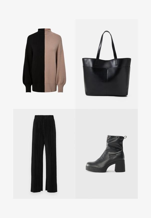 Megztas megztas golfo džemperis su dalijimosi dizainu juodos ir šviesiai smėlinės spalvų, laisva forma, raukšlėmis galais ir minkšta tekstūra.; Juodi plisuoti kelnės su elastine juosta. Turėkite plačias kojas ir glotnų, tekstūrinį audinį su vertikaliais dryžiais.; Juodos kulkšninių botai, pagaminti iš lygaus odos, su šoniniu užtrauktuku, masyviu tekstūruotu kulnu ir apvaliu pirštu.; Juoda odinė rankinė su dviem ilgais diržais, lygiu paviršiumi ir struktūrizuota forma. Yra priekinė kišenė papildomam saugojimui.