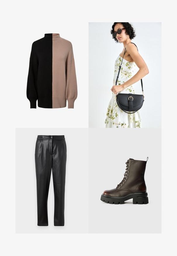 Stickad polotröja med en delad design i svart och ljusbeige, avslappnad passform, ribbade manschetter och mjukt material.; Svarta läderbyxor med en slät yta, rak passform, resårliv och knäppning fram; plisserade detaljer och smalnande ben.; Mörkbrun läder känga med snörning och tjock svart sulkloss samt häll, visad i profil på vit bakgrund.; Svart läderhandväska med en böjd form, avtagbar rem och guldiga detaljer. Väskan har ett lock med en spänndetalj.