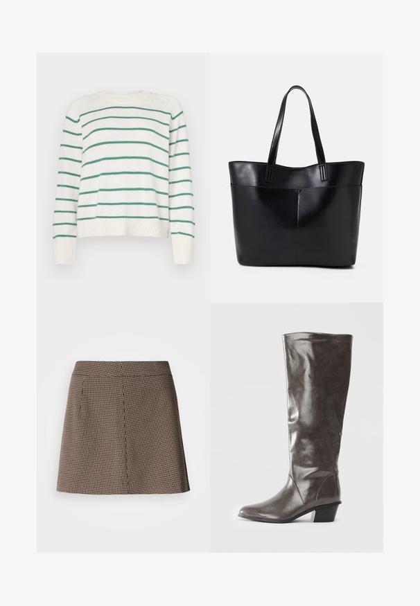 Maglione bianco con righe orizzontali verdi, scollatura rotonda e polsini a coste. Tessuto morbido, design leggermente accorciato con vestibilità ampia.; Mini gonna a stampa houndstooth marrone e nero con vestibilità dritta e dettaglio sulla cucitura anteriore su sfondo bianco.; Stivale alto da donna in pelle grigio scuro con tacco medio e punta arrotondata, mostrato di lato su uno sfondo bianco.; Borsa a tracolla in pelle nera con due manici lunghi, una texture liscia e una forma strutturata. Presenta una tasca frontale per ulteriore spazio di archiviazione.