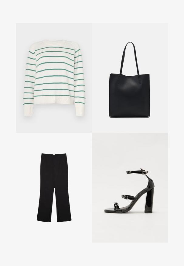 Bela pulič s zelenimi horizontalnimi črtami, okroglim izrezom in rebrastimi manšetami. Mehka tekstura, nekoliko skrajšana zasnova z ohlapnim prileganjem.; Črne hlače ravnega kroja z naglavnimi žepi in stranskimi razporki na robu. Narejene iz mehke, gladke tkanine. Primerne za različne priložnosti.; Črne lakirane sandale s peto, kvadratnim prstom, trakovi okrog gležnja in srebrnimi zaponkami. Opremljene so s stabilno Debelo peto.; Črna usnjena torba s svilnato teksturo, pravokotne oblike in dvema dolgima ročajema. Brez vidnih metalnih delov ali okrasnih elementov.
