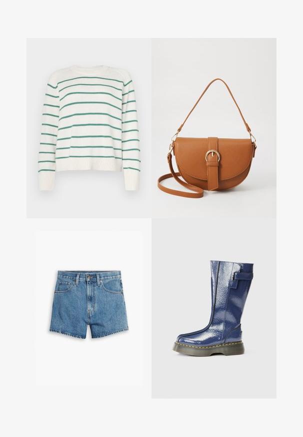 Baltas megztinis su žaliais horizontaliais dryžiais, apvaliu iškirpimu ir banguotais rankogaliais. Minkštas audinys, šiek tiek trumpesnis dizainas su laisvu kirpimu.; Šviesiai mėlyni džinsiniai šortai, turintys penkis kišenes, užtrauktuko užsegimą ir mygtuko uždarymą. Apačia yra nusidėvėjusi, o dizainas yra laisvo pjūvio.; Mėlyna, blizgi iki kelių siekianti batai su apvaliu pirštu, šoniniu užtrauktuku ir vertikaliomis siūlėmis. Turi storą juodą platformą su geltonomis siūlėmis.; Ruda odinė kryžminė rankinė, turinti kreivą formą, auksinius metalinius elementus ir sagtį. Yra nuimama petneša.