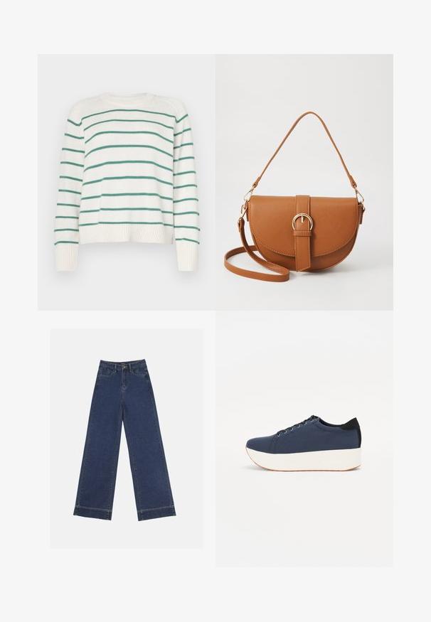 Pull blanc avec des rayures horizontales vertes, col rond et poignets côtelés. Texture douce, coupe légèrement courte et ajustement ample.; Jeans à jambes larges en denim bleu foncé. Comprend cinq poches, des passants de ceinture et un ourlet brut en bas avec des détails de couture visibles.; Baskets bleu marine avec un upper en tissu texturé, semelle plateforme blanche, bout arrondi et accent noir au talon. Dispose de six œillets pour les lacets.; Sac bandoulière en cuir marron avec une forme incurvée, quincaillerie dorée et un accent en boucle. Comprend une bandoulière détachable.