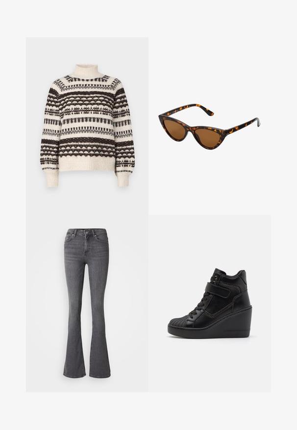 Strick-Pullover mit Rollkragen in Creme und Dunkelbraun, mit einem geometrischen Muster aus horizontalen Streifen und gerippten Bündchen und Saum.; Graue ausgestellte Jeans mit hoher Taille, Knopfverschluss, fünf Taschen und dezenten Stickdetails. Hergestellt aus Denim mit einer glatten Textur.; Schwarze High-Top-Wedge-Sneaker aus glattem Leder, mit schnürbarem Vorderteil, verstellbarem Riemen und dekorativen Reißverschlussakzenten.; Katzenaugen-Sonnenbrille mit einem schwarz-orangenen Schildpattrahmen, braunen Gläsern und schlanken, spitzen Enden. Verfügt über ein minimalistisches Logo am Bügel.