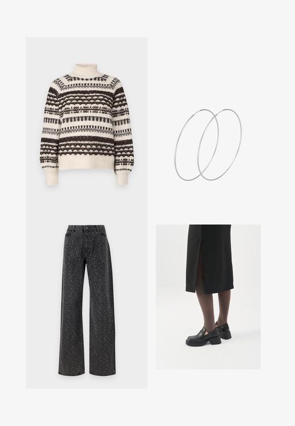 Knit turtleneck sweater in cream and dark brown, featuring a geometric pattern with horizontal stripes and ribbed cuffs and hem.; Noisy May NMJANNEL LOOSE - Relaxed fit jeans - black denim; Black leather shoes with a rounded toe, thick block heel, and elastic side accents, paired with dark tights and a black skirt with a slit.; Silver hoop earrings with a minimalist design. Circular shape, smooth texture, and thin profile. Lightweight with a polished finish.