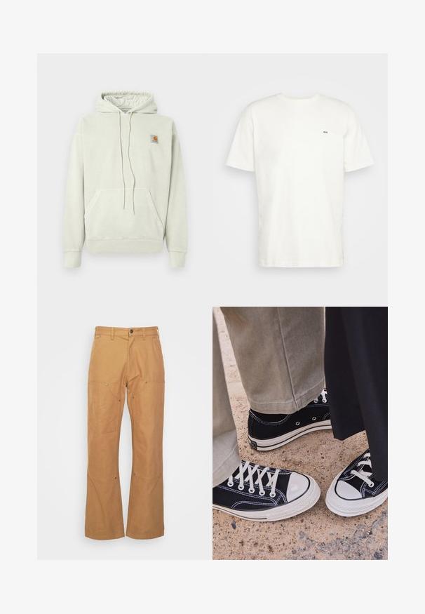Lys grå hettegenser laget av myk stoff, med kengurulomme, snor i hetten, og et lite logo-merke øverst til venstre.; Hvit bomulls T-skjorte med rund hals, korte ermer, og en liten svart "W.W." logo på venstre bryst. Jevn tekstur, normal passform.; Tan cargo bukser laget av slitesterk stoff, med sidelommer, metallbeslag, rett ben lengde og vanlig midje.; Svarte kanvas sneakers med hvite gummitåhette og snøring. Kontraststing og metallinger legger til detaljer. Bært med beige bukser og svart stoff.