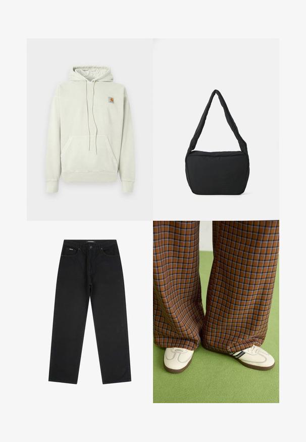 Világosszürke kapucnis pulóver, puha anyagból készült, kenguruzsebbe, húzózsinóros kapucnival és egy kis logóval a bal felső oldalon.; Fekete egyenes szabású farmernadrág elülső gombbal és cipzárral, övakasokkal és öt zsebbel, fehér háttéren kiterítve.; Barna és kék kockás, bőrt lábú nadrág, fehér cipővel, fekete részletekkel és texturált talppal, zöld háttér előtt.; Fekete válltáska párnázott textúrával, lekerekített formával és széles pánttal, az elején domború logóval.