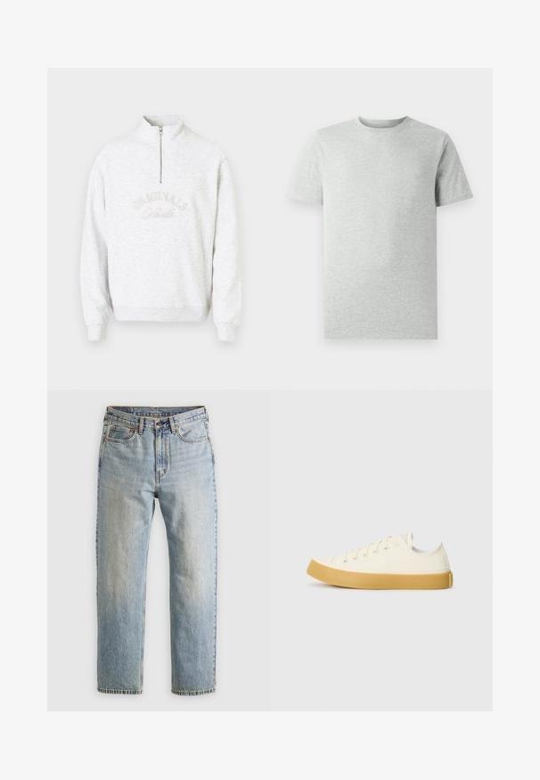 Hellgrauer Sweatshirt mit einem Viertel-Reißverschluss-Kragen, auf dem "ORIGINALS" in einer geschwungenen Schriftart gestickt ist. Weicher Stoff, lange Ärmel.; Ein einfarbiges, hellgraues T-Shirt mit kurzen Ärmeln und Rundhalsausschnitt, auf einem weißen Hintergrund, Frontansicht, ohne sichtbare Logos oder Designs.; Helle blaue Jeans mit hoher Taille, Frontknopf, Reißverschluss und fünf Taschen-Design, flach auf einem neutralen Hintergrund ausgelegt.; Leinensneaker in Off-White mit runder Zehenpartie, ausgestattet mit beigen Gummisohlen und fünf Ösen für Schnürsenkel, mit strukturiertem Finish auf dem Obermaterial.