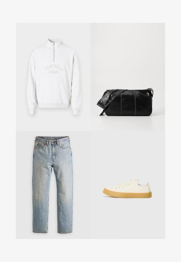 Sudadera gris claro con cuello de cremallera de cuarto, con "ORIGINALS" bordado en un patrón curvado. Textura suave, mangas largas.; Jeans de mezclilla azul claro de cintura alta, con botón frontal, cremallera y diseño de cinco bolsillos, dispuestos sobre un fondo neutro.; Zapatillas de lona en color blanco roto con punta redonda, que cuentan con suelas de goma beige y cinco ojetes para los cordones, acabado texturizado en la parte superior.; Bolso de hombro de cuero negro con cierre de cremallera, que presenta un cuerpo texturizado, costuras blancas y una correa con ojales plateados.