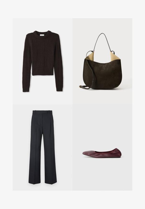 Brown cropped sweater featuring textured geometric pattern, ribbed neckline and hem, long sleeves, and thick knit fabric.; Dark blue pinstriped trousers with a high waist, wide leg design, and no visible hardware or embellishments. Smooth texture and tailored fit.; Ballet flat in deep burgundy leather, featuring a rounded toe, elasticized rim, and smooth texture with subtle pleating detail.; Dark brown suede handbag with a smooth texture, a minimalist design, and contrasting light-colored interior. Features a long leather strap.