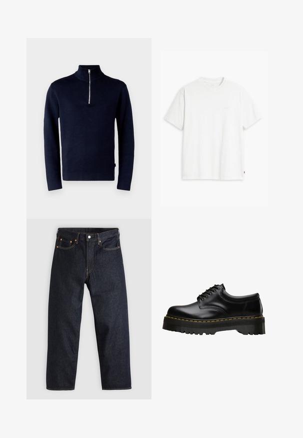 Jack & Jones PREMIUM JPRBLAMILANO HALF ZIP - Pulover - night sky; Bela bombažna majica s kratkimi rokavi, okroglim ovratnikom in subtilnim logotipom Levi's, natisnjenim na sredini. Mehak material in standardna oblika.; Temno modri kavbojki s ravnim krojem, petimi žepi, kontrastnim oranžnim šivom in gumbom za zapiranje. Brez vidnih vzorcev ali okraskov.; Črne usnjene čevlje z vezalkami, debelim zobatim črnim gumijastim podplatom in rumenim šivom ob robu, ki imajo gladek finiš.