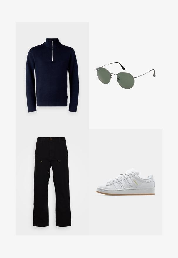 Jack & Jones PREMIUM JPRBLAMILANO HALF ZIP - Jumper - night sky; White cotton t-shirt with short sleeves, crew neckline, and a relaxed fit. Smooth texture with no visible patterns or accents.; Black denim pants with a straight leg design, featuring gold hardware accents and visible stitching on the front and back pockets.; White sneaker with perforated three-stripe design, textured accents, a rubber sole, and "CAMPUS" logo in gold on the side.; Metal-framed sunglasses with oval green lenses. Thin silver metal frame and black ear tips. Minimalist design, no visible logos.