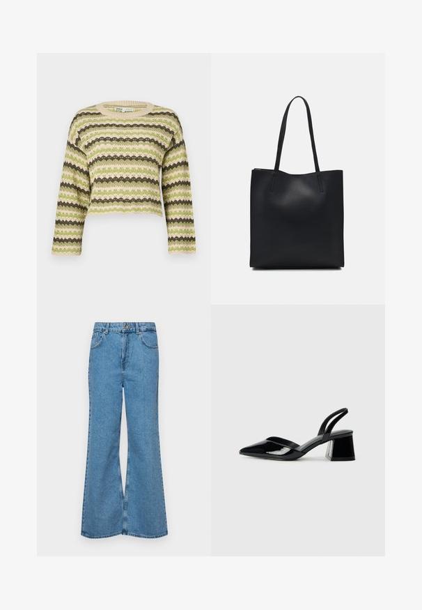 Zöld, bézs és sötétbarna vízszintes csíkokkal díszített horgolt pulóver, hullámos mintával, crop szabással és bordázott nyakkivágással.; Világoskék, trapézszárú farmernadrág, magas derékkal, öt zsebbel és egy gombos záródással. Puha tapintású, magasított effektusú anyag.; Fekete lakk bőr szandálkés magas sarkú cipő, hegyes orral és geometrikus tömbsarkakkal. Karcsú, minimalista dizájn és sima textúra jellemzi.; Fekete bőrtáska sima felszínnel, téglalap alakú, két hosszú füllel. Nincs látható fémkiegészítő vagy díszítés.