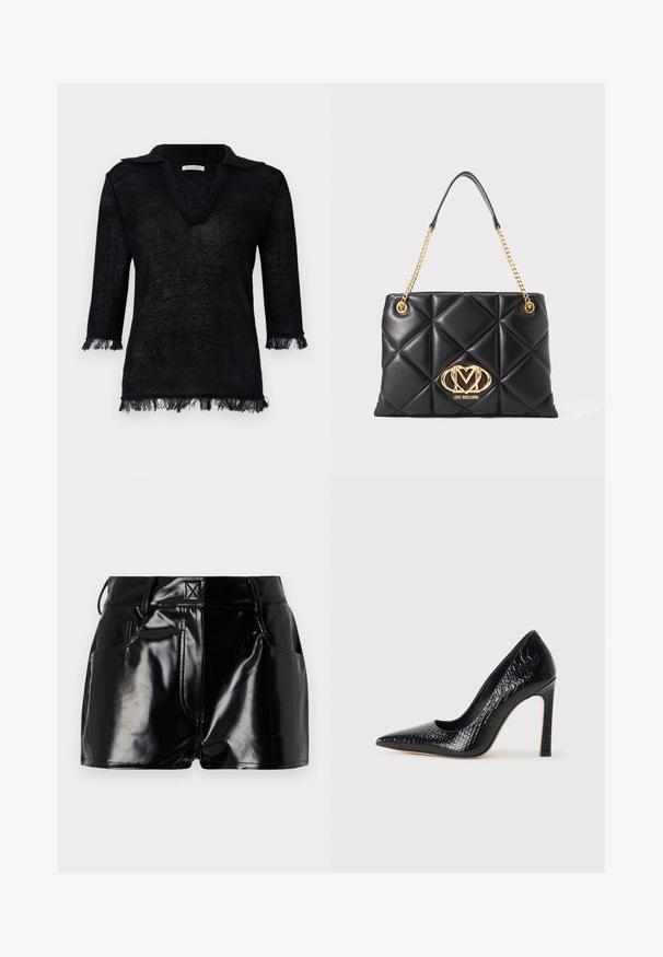 Svart strikket genser med V-hals og krage. Har trekvartlange ermer med frynse detaljer på mansjettene og nederkant. Strukturert materiale.; Sorte, glansende shorts laget av syntetisk materiale. Har en tettsittende livlinje, belteløkker og frontlommer med fremtredende sømdetaljer.; Sorte spiss-tå høye hæler med krokodilleskinn tekstur, har et elegant design, høy stiletthæl og glatt svart interiør.; Svart quiltet håndveske i kunstskinn med en gullkjede-rem, med en fremtredende gulllogo og diamantmønster på overflaten.
