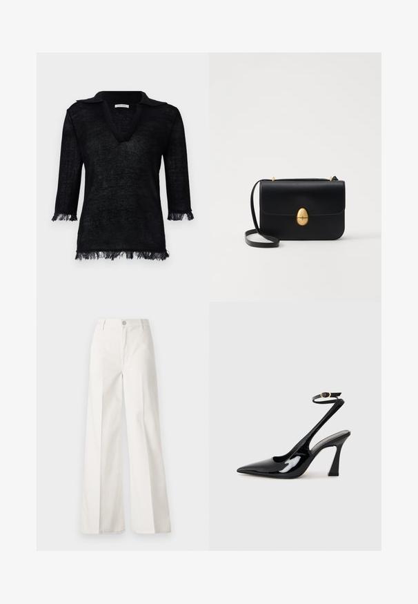Fekete kötött pulóver V nyakkivágással és gallérral. Háromnegyedes ujjú, a mandzsettán és az alján frufrus részletekkel. Texturált anyag.; Fehér, bővebb nadrág, amely pamutból készült, sima textúrával. Elöl gombbal, cipzáras záródással és négy zsebes kialakítással rendelkezik.; Fekete lakk bőrből készült, slingback magas sarkú cipők, hegyes orral, állítható bokapánttal és mérsékelt tömbsarkal. Simább textúra, fényes felület.; Fekete bőr kézitáska, struktúrált, téglalap alakú formával. Arany ovális kapoccsal és vékony vállpánttal rendelkezik. Sima textúrájú.