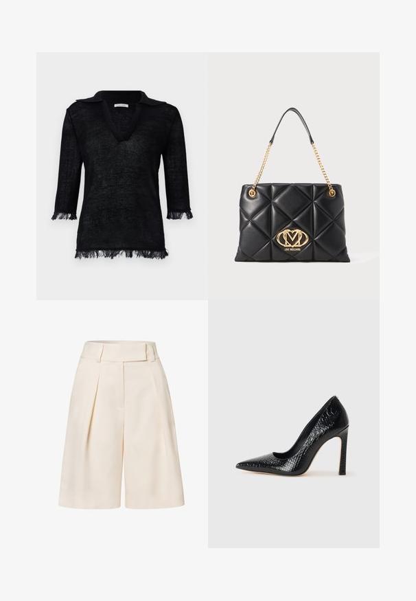 Black knit pullover with a V-neck and collar. Features three-quarter length sleeves with fringe details at cuffs and hem. Textured material.; Cream-colored tailored shorts with a high waist, pleated front, and a smooth fabric texture. Features wide, cropped legs.; Black pointed-toe high heel shoe with a crocodile-skin texture, featuring a sleek design, high stiletto heel, and smooth black interior.; Black quilted handbag in faux leather with a gold chain strap, featuring a prominent gold logo and diamond pattern on the surface.