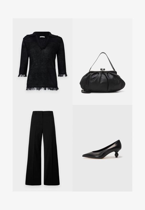 Pulover tricotat negru cu decolteu în V și guler. Are mâneci trei sferturi cu detalii din franjuri la manșete și la tiv. Material texturat.; Pantaloni negri cu croi larg, cu o textură netedă, talie structurată și pliseuri frontale. Design minimalist fără accesorii vizibile.; Pantofii cu toc înalt din piele neagră, cu vârf ascuțit și toc rotund, mimos. Textură netedă, cu un design elegant și minimalist.; Geantă de umăr din piele neagră, cu un design rotund și pliat. Dispune de un închizător metalic cu două bile decorative și o curea subțire, detașabilă.; Cercei cu tije de ton auriu, având un design inspirat de Saturn, cu o bandă texturată și cristale circulare încorporate pentru un plus de strălucire.