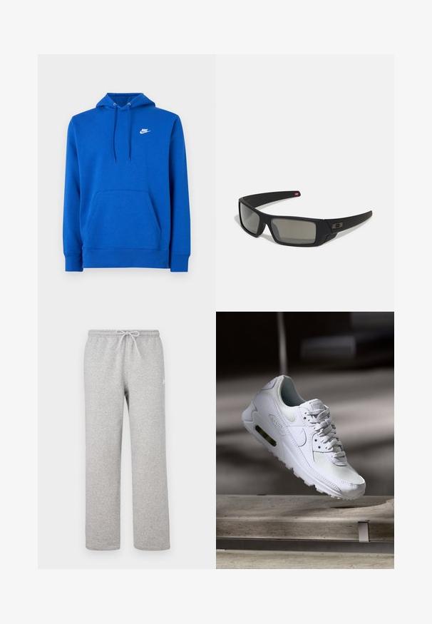 Camisola com capuz azul feita de tecido macio, equipada com um bolso frontal, capuz com cordão ajustável e um logótipo branco da Nike no peito.; Calças de fato de treino cinzentas com cintura elástica e cordão. Feitas de tecido macio, apresentam pernas direitas e um detalhe subtil do logótipo.; Sapatilha Nike Air Max 90 branca com parte superior em malha e couro, caixa de dedos perfurada e uma unidade de ar visível no calcanhar.; Óculos de sol pretos com acabamento mate, lentes retangulares, leve curvatura nas hastes, detalhe sutil do logo e lentes de cor fumada.