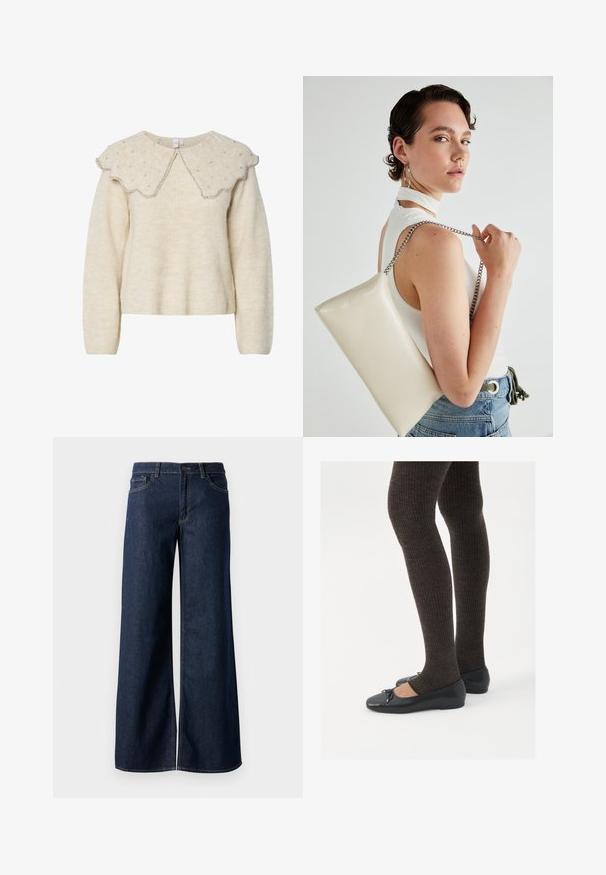 Kremfarget genser med bølgende krage og sølvperledetaljer. Laget av tekstil med myk og strukturert overflate. Har lange ermer og en avslappet passform.; Vide benbukser i mørkeblå denim. Har kontrastsøm, fem lommer og en knaplukning i taljen. Glat tekstur.; Sorte flate sko med en liten sløyfedetalj på tåen, kombinert med mørkebrune ribbede strømpebukser. Skoene har en glatt overflate og lav profil.; Hvit rektangulær clutch-veske laget av blankt materiale, med en sølvkjede-stropp. Modellen poserer og viser vesken mot en ensfarget bakgrunn.